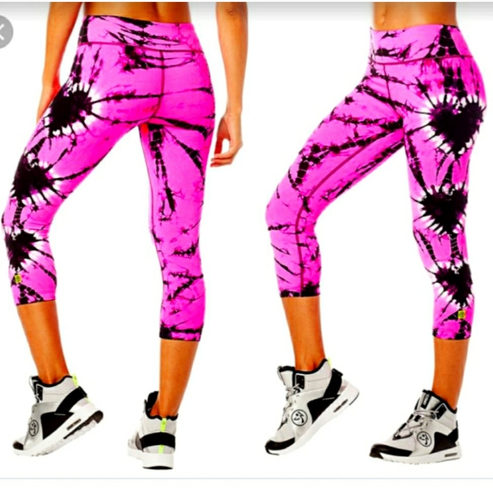 Shocking Pink Tie-Dye Hearts For Zumba Capri High Waist Leggings Small Spicy NWT